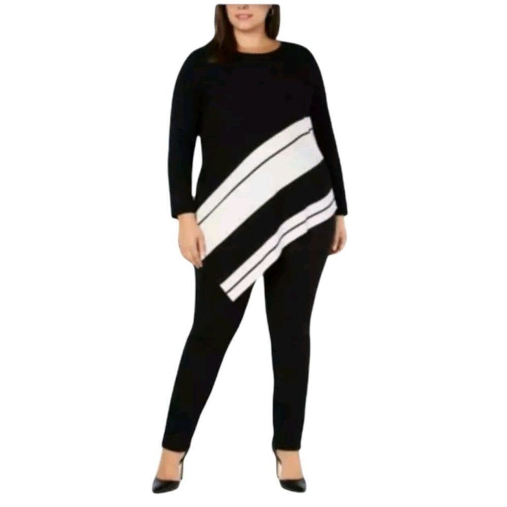 Alfani Womens  Striped Asymmetrical Knit Sweater Black White 0X